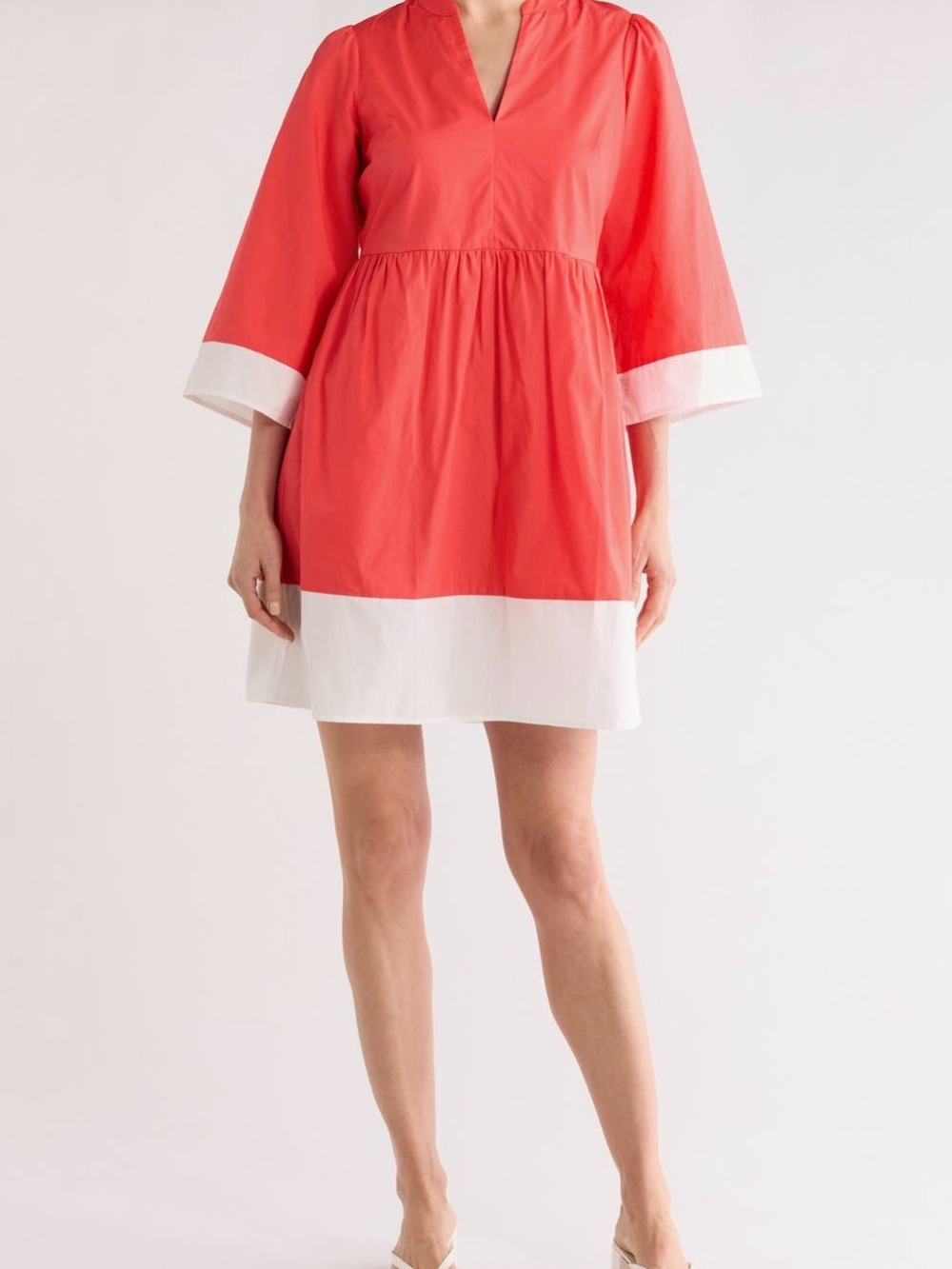 Vince Camuto Poppy and White Colorblock V-Neck Fit & Flare Dress